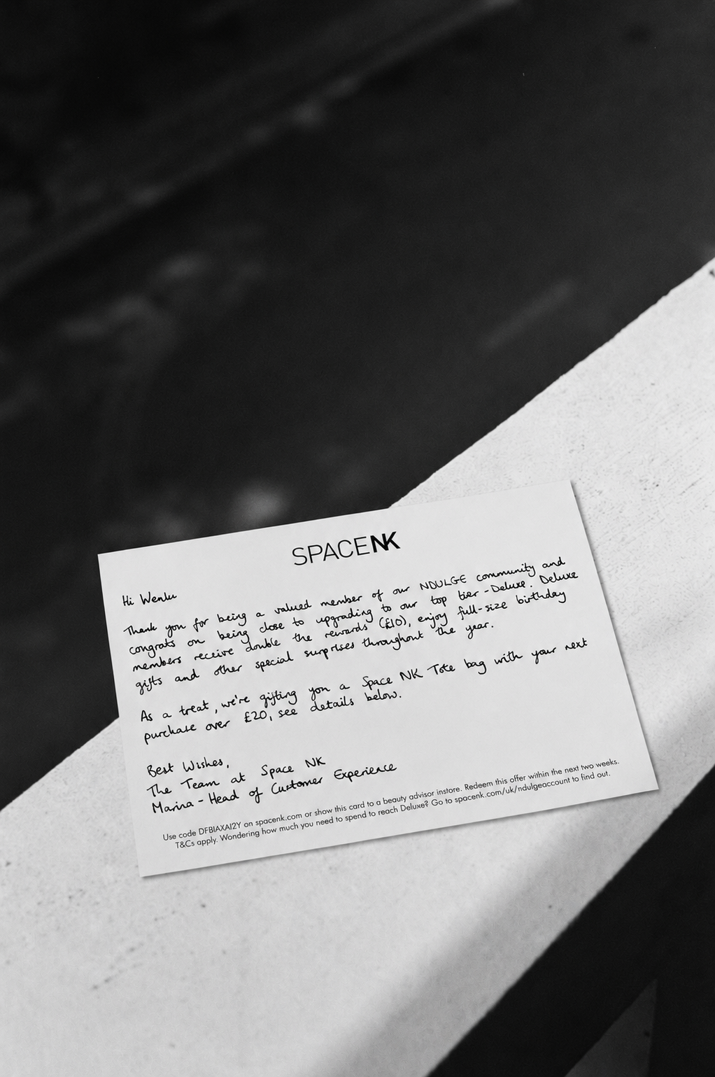 Space NK NDULGE loyalty programme handwritten note showing clear pen-on-card writing